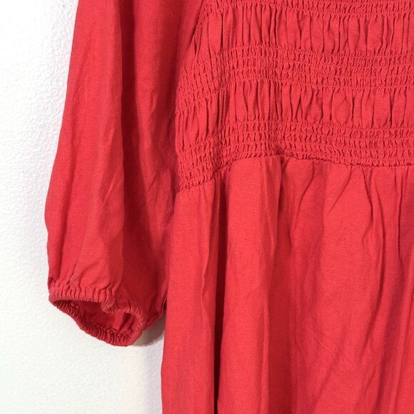 Isabel Maternity Smocked Dress Linen Blend Stretch Coral Red Peasant Milkmaid - Picture 5 of 14